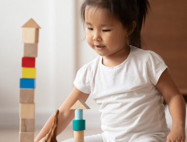 Un enfant joue avec des jouets en bois.