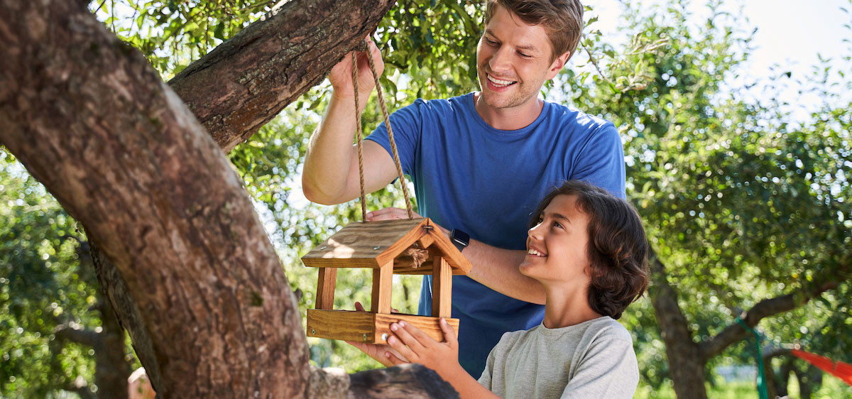 Un homme installe un nichoir à oiseaux dans un arbre avec son fils/sa fille.